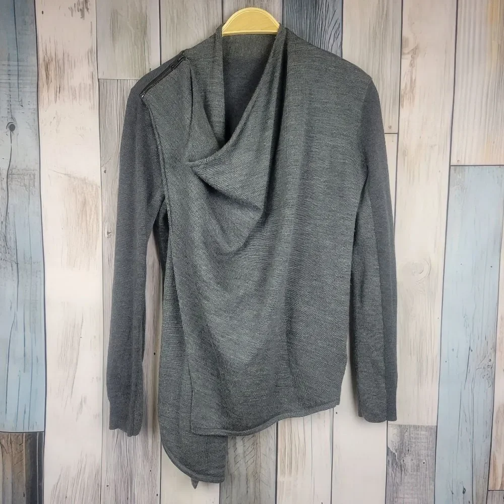 All Saints Drina Grey Wool Asymmetrical Cardigan Cowl Neck Zipper Shoulder Med